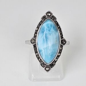 Genuine Larimar & Marcasite Ring in Sterling Silver Sz 8